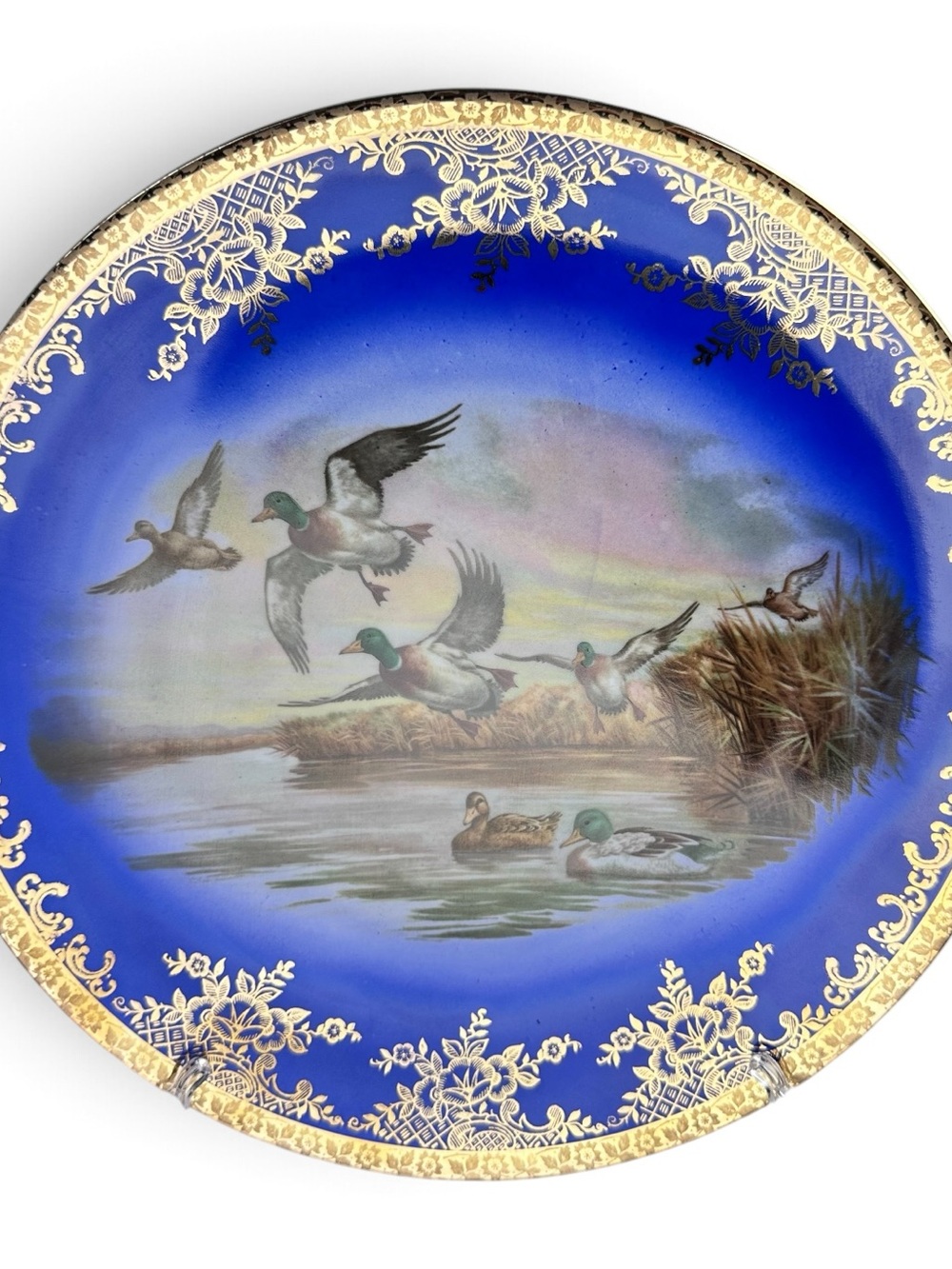 Vintage S&T Bavaria Germany Mallard Duck Plate Cobalt Blue Gold Gilt 11.75”